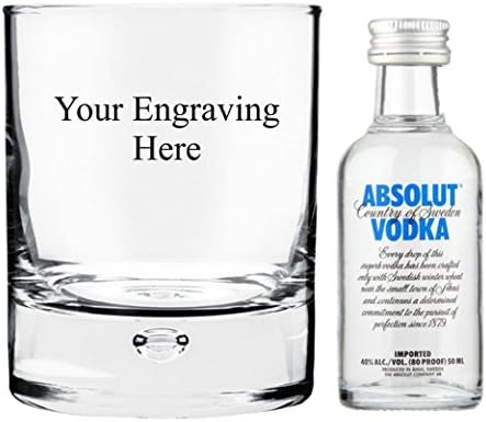 Personalised Engraved Heavy 8 oz Bubble in base glass, with 50 ml Miniature Absolut Vodka in Board Gift box