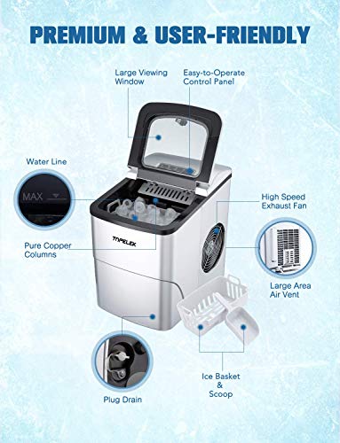 TOPELEK Countertop Ice Maker Machine, Ice Cubes Ready in 6 Mins, Make 26 lbs Ice in 24 Hrs with LED Display Perfect for Parties Mixed Drinks, Portable Electric Ice Machine 2L with Ice Scoop and Basket