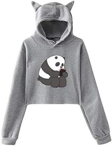 YURENYU Cartoon We Bare Bears Navel Exposure with Cap Cat's Ear Long Sleeves Fashion Hoodie Women
