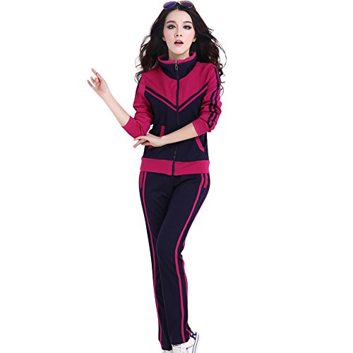 TLZC Women's Sport Contrast Color Coats and Sweat Pants 2-Piece Sets Sweatsuits US 18W-20W Dark Blue