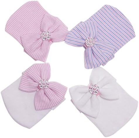 Baby Hospital Hat Newborn Hats Infant Hat Girl Nursery Beanie Sparkle Gem with Bow Cap 4pcs