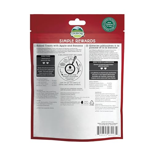 OXBOW SIMPLE REWARDS APPLE BANANA TREATS, TIMOTHY HAY GUINEA PIG & BUNNY TREATS, PET SNACK, MADE WITH OXBOW GUINEA PIG HAY, MADE IN USA, TIMOTHY FOR RABBIT, 3 OZ BAG