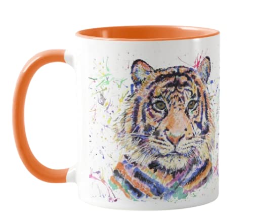 Vixar Tiger Watercolour Rainbow Art Coloured Mug Cup, Gift, Birthday, Work, Office, Christmas Tea Coffee (Orange)