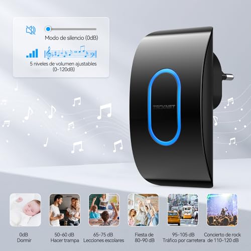 TECKNET Wireless Doorbell Outdoor Waterproof, IP65 Waterproof Doorbell 400M, 60 Melodies and 5 Volume Levels, 3 Working Modes, LED Indicator for Home, Living Room, Office - Black