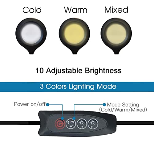 LED Desk Lamp, Foneso USB Clip-On Reading Light with 3 Color Modes 10 Brightness, 360° Flexible Gooseneck Table Lamp, Eye Protection Clamp Light for Reading, Work, Makeup