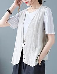 Zontroldy Womens Cotton Linen Vest Casual Loose V