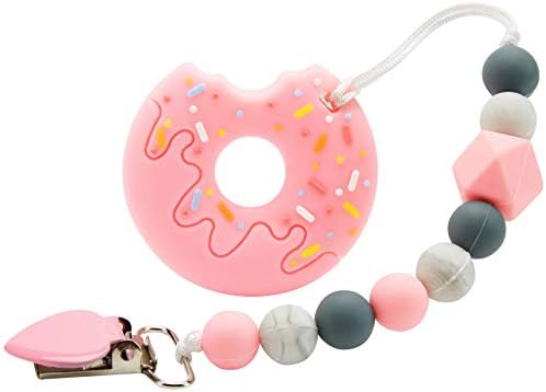 Nearbyme Baby Teething Toys, BPA Free Silicone Doughnut Shape Teether with Relief Beads Binky Holder and Pacifier Clips for Toddlers & Infant (Pink)