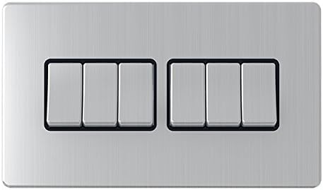 AET SL6GSWIBS Screwless Satin Chrome Flat 6 Gang 10 Amp Black Insert Metal Rocker Switch, Silver