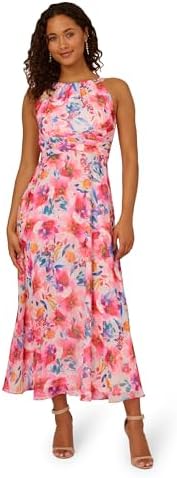 vince camuto halter floral chiffon dress Vince Camuto Floral Print Twist Halter Neck Sleeveless Gown, Womens, 4, Coral Multi