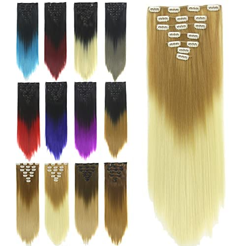 IMISSU 24 Inch 7PCS Set Long Straight Clip in Hair Extensions Ombre Color Full Head Hair Extension Hairpiece for Women 120g (Ombre Light Blonde)
