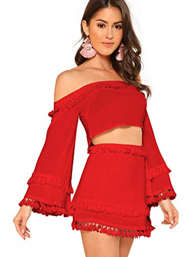 red fringe skirt set