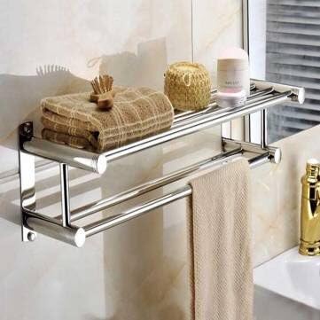 Legendary-Yes Stainless Steel Double Layer Towel Rail Wall Mounted Bathroom Storage Shelf Rack Clothes Holder