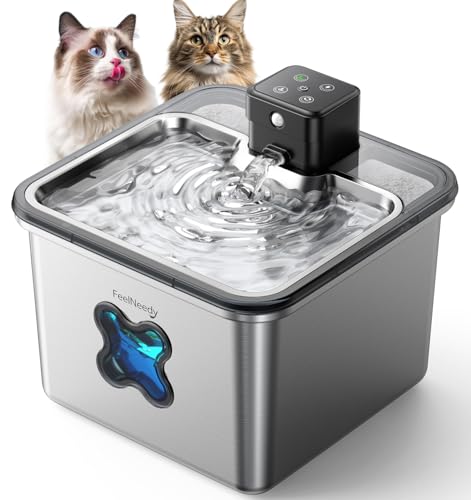 Cordless Cat Water Fountain : [Visual Filter] & [Heavy-Duty Stainless Steel] 3.2L/108oz, FEELNEEDY- Premium, Durable Design, 4000mAh Battery Operated Pet Fountain with Sensor, FN-W17 for Cats and Dogs Image