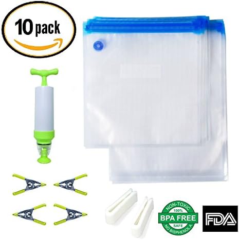 Sous Vide Essential Kit - 10 BPA Free Food Vacuum Sealed Bags (2 Sizes), 1 Hand Pump, 2 Bag Sealing Clips, 4 Secure Clips for Sous Vide Cooking, and 1 Free Cooking eBook, Reusable &amp; Easy to Use