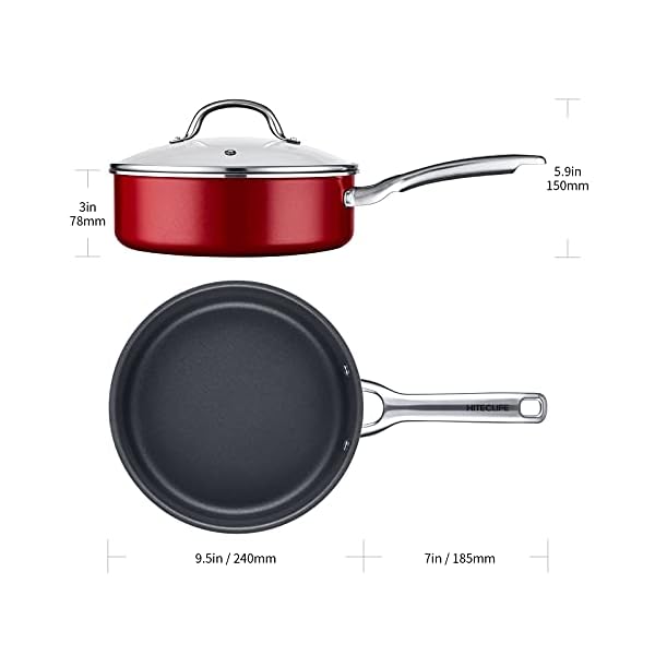 HITECLIFE Saute Pan with Lid, 3.2L Nonstick Jumbo Cooker with Induction Base, Stainless Handle Steel Aluminum Deep Frying Pan, Heat Evenly, PFOA-Free, Red