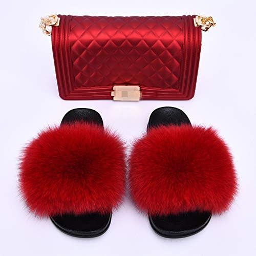 fluffy slides with matching purse