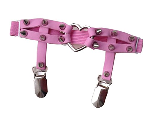 Beautifulfashionlife1pc Girl`s Leather Rivet Elasticed Grip Straps Thigh Socks Garter Belt (Duckbill Clip, Pink)