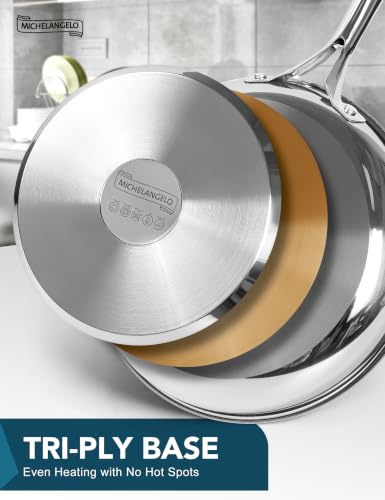 MICHELANGELO 18/10 Stainless Steel Frying Pan Set, 20/24/28cm Steel Frying Pans, Triply Base Stainless Steel Pans Set with Ergonomic Handle, Induction Compatible