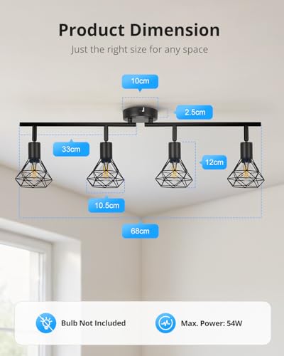 Gr4tec Spot Lights Ceiling 4 Way, Retro Kitchen Lights Ceiling E14, Black Ceiling Light Fittings, Adjustable Wire Cage Spotlights Bar for Hallway Bedroom Living Room, Bulb Not Included