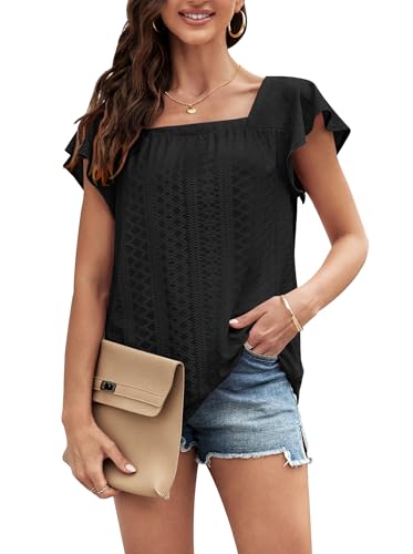 WOMENS EYELET TOPS SQUARE NECK RUFFLE SHORT SLEEVE T-SHIRTS DRESSY CASUAL 2024 SUMMER FLOWY TRENDY TUNIC TOPS (BLACK, MEDIUM)