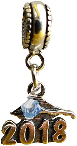 Graduation Cap 2018 March Aquamarine Birthstone Sterling Silver Dangle Charm Bead