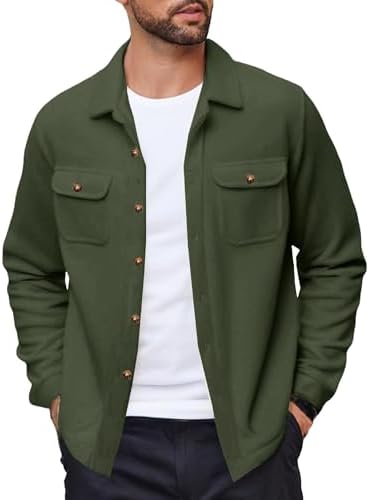 RSZGSWS Mens Shirt Jacket with Flap Pocket Woolen Blend Lapel