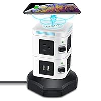 Surge Protector Tower GLCON Power Strip Tower Fast Wireless Charger + 4 USB 5V/5A Ports + 3000W 13A 6 Outlet Plugs + Charging Tower with 6ft Long Extension Cord for Home Office