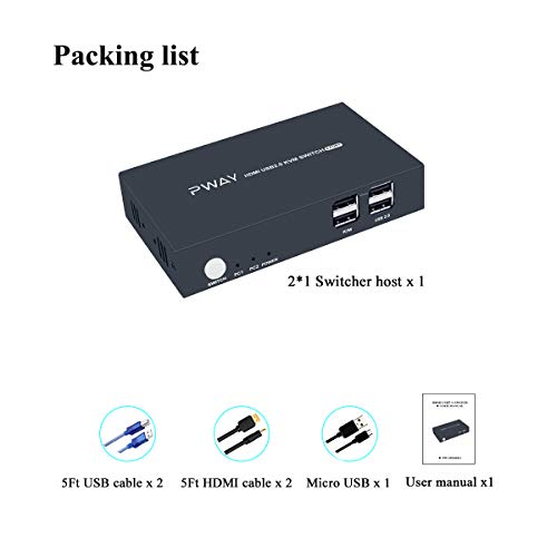 2x1 HDMI KVM Switch 2 Port Box, Ultra HD 4K@30Hz with 2 USB 2.0, No Power Adapter Required, Compatible with Windows Mac Linux, with 2 HDMI and USB Cables