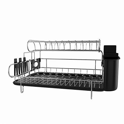 Elever 304 Stainless Steel Professional 2 Tier Dish Drying Drainer Rack Large Capacity with Microfiber Mat Kitchen Utensil Holder