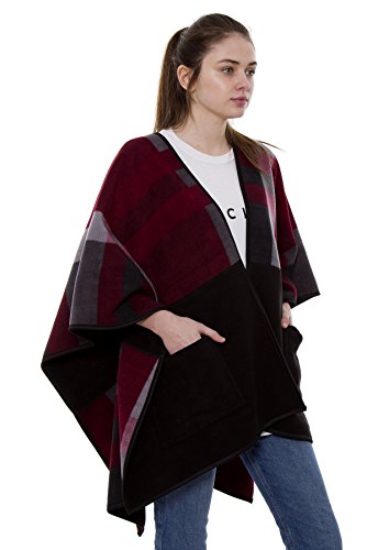 BYOS Women Winter Reversible Plaid Checked Houndstooth to Black Warm Fleece Open Front Poncho Ruana Wrap Cape (Wine Check W/Pocket)