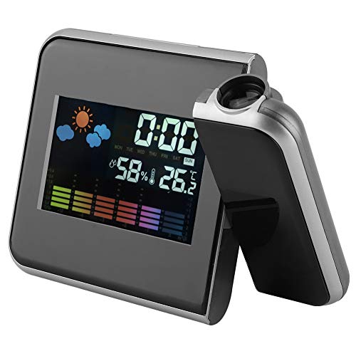 AUNMAS Digital LED USB Alarm Clock, 5.9 * 4.3 * 0.8in Black Plastic LED Weather Projector Temperature Display Weather Forecast Projector Calendar Humidity Display Alarm Clock for Bedrooms(1#)