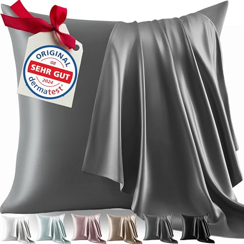Welldora Kissenbezug 80x80 | 100% Seide 22 Momme | Bettwäsche Schiefergrau
