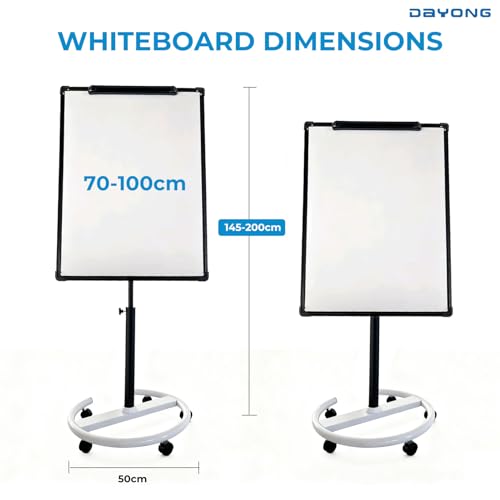DAYONG 70x100cm Mobile Whiteboard, Rolling Magnetic Dry Erase Board with Wheels, Height Adjustable White Board Stand, Portable Standing Flip Chart Easel for Home Office Classroom (Black & White)