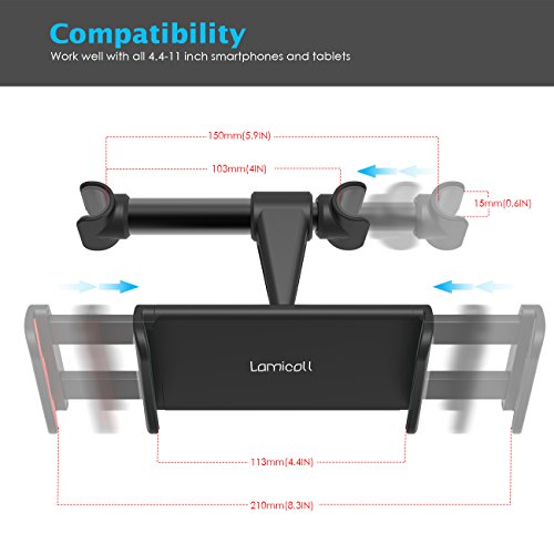 Car Headrest Tablet Mount, Lamicall iPad Holder : Stand Cradle for 4.4~11 inch such as new iPad 2017 Pro 9.7, 10.5, Air mini 2 3 4, iPhone X 8 7 6s Accessories, Tab, E-reader, Smartphones and Tablets