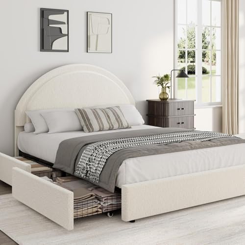 Garvee Queen Size Bed Frame with Storage Drawers, Upholstered Boucle Platform Bed with Round Headboard, Heavy Duty & Noise Free, No Box Spring Needed, Beige