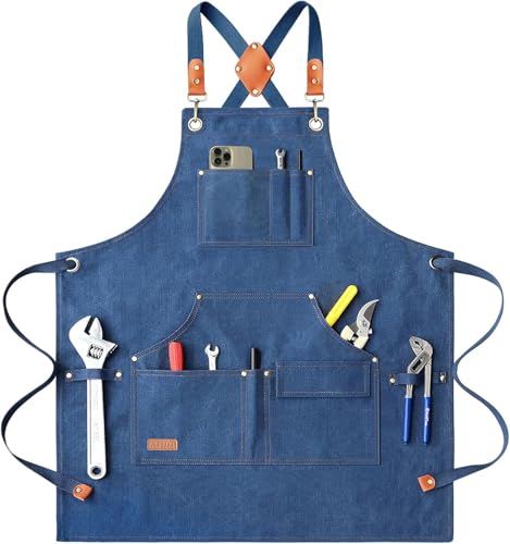 AFUN Work Aprons for Men with Large Pockets, Cotton Canvas Cross Back Heavy Duty Adjustable Tool Apron, Size M to XXL (Darkblue)