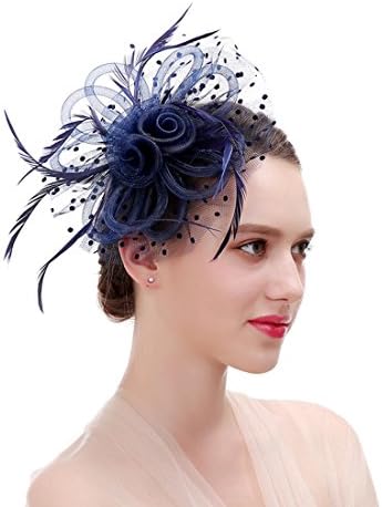 Feather Fascinators Headband and Clip for Women Tea party Bridal Cocktai (Navy Blue)