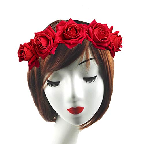 Rose Headband Flower Wreath Crown Hair Bands Big Floral Garland Christmas Hair Hoop Women Girl Hairband Party Decoration Headdress Cosplay Costume Headwear Handmade Headpiece Hair Accessories Burgundy - Thumbnail 4