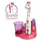 Brusheez Kid's Electric Toothbrush Set - Sparkle the Unicorn - Includes Battery-Powered Toothbrush, 2 Brush Heads, Cute Animal Cover, Sand Timer, Rinse Cup & Storage Base