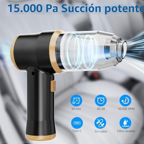 Mini Aspiradora para Coche 15000 Pa – Aspiradora Portátil Inalámbrica de Mano y Soplete de Aire con 2 Filtros, Ideal para Coche, Sofá, Oficina, Mascotas y Hogar