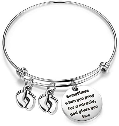 AKTAPTwin Mom Bracelet Twins Jewelry Sometimes When You Prayer for a Miracle God Gives You Two Mom of Twins Gift Twins Footprint Charm Expandable Bracelet