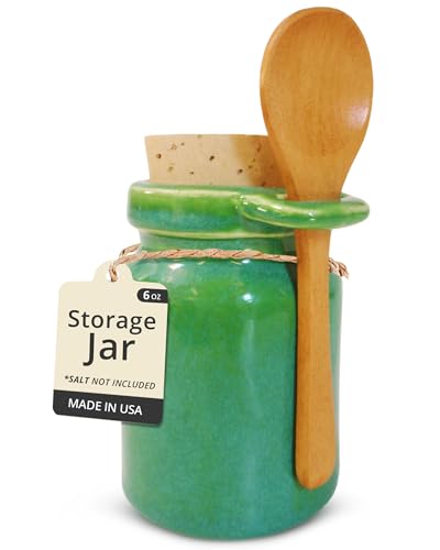 Baraka Ceramic Neti Salt and Herb Storage Containers – Durable & Functional Ceramic Organizers for Neti Salt, Herbs, Spices & Home Organization – Includes Wooden Spoon & Cork Stopper (Apple Green)