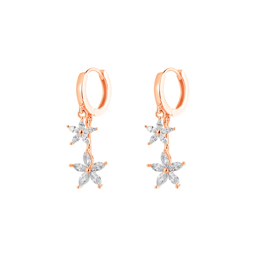 CZ Flower Dangle Hoop Earrings for Women Girls 925 Sterling Silver Charms Tiny Rhinestone Double Daisy Flower Bar Drop Dangling Small Hoop Cartilage Stud Tragus Dainty Fashion Earrings (Rose Gold)