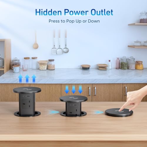 LBOYLOVE® 7-in-1 Pop up Socket – Automatic Power Outlet with 15W Wireless Charger, 4 AC Outlets, 1 USB-A & 1 USB-C for Kitchen Worktops & Desk Countertops