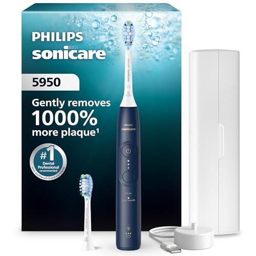 Philips Sonicare 5950 Series Electric Toothbrush, with Pressure Sensor, for Sensitive Gums, 6 Brushing Settings, SmarTimer, BrushPacer, 21-day Runtime, Travel Case, Navy Blue, HX7133/03