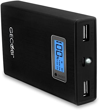 Portable Charger by Gecobi for Rapid Charge of iPhone 6, 5, 4, Samsung Galaxy, Android, iPads,Tablets; Power Bank with 2 USB-Ports,10400 mAh, LED Digital Display, Flashlight, Brushed-Metal Black; Be a Hero When a Cell Phone Goes Dead!