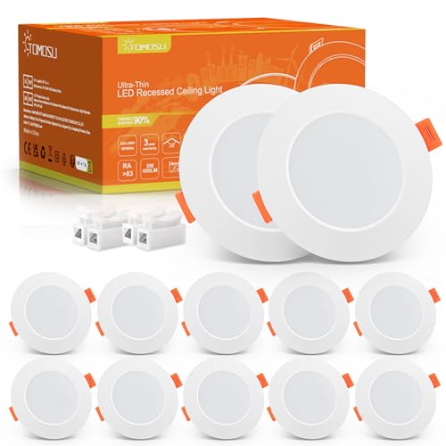 Tomosu Pack of 10 Extra Flat LED Recessed Spotlights, 5 W 450 LM Equivalent to 50 W Incandescence, IP44 Waterproof Bathroom Spotlight Cool White 6000 K, Hole Φ75-90 mm, AC220-240 V