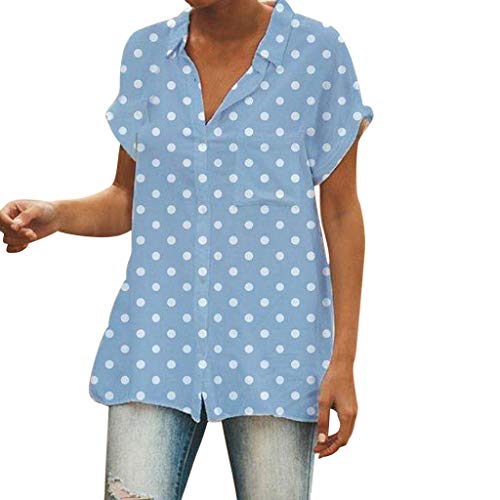 YKARITIANNA Women Turn-Down Collar Short Sleeve Pocket White Polka Dot Print Top T-Shirt - Thumbnail 7