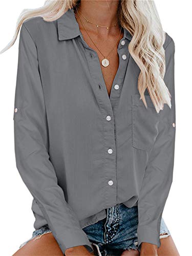 Beautife Womens Long Sleeve Shirts V Neck Collared Button Down Shirt Tops with Pockets