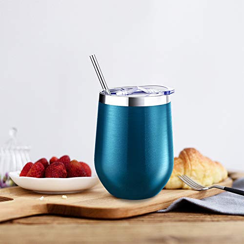 Blingco 12 oz Stainless Steel Stemless Wine Glass Tumbler with Lids and Straws, Unbreakable Double Wall Cup Insulated Tumbler for Wine, Coffee, Drinks, Cocktails, Champagne(Blue Green) - Thumbnail 5